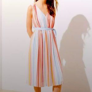 LOFT Pleated Rainbow Stripe Midi Dress – Maternity-Friendly! Fits M/L